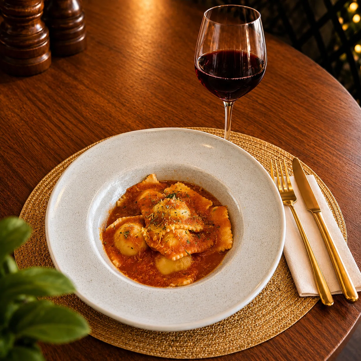 Ravioli de queijo servido no restaurante da Casa Albuquerque, em Campos do Jordão