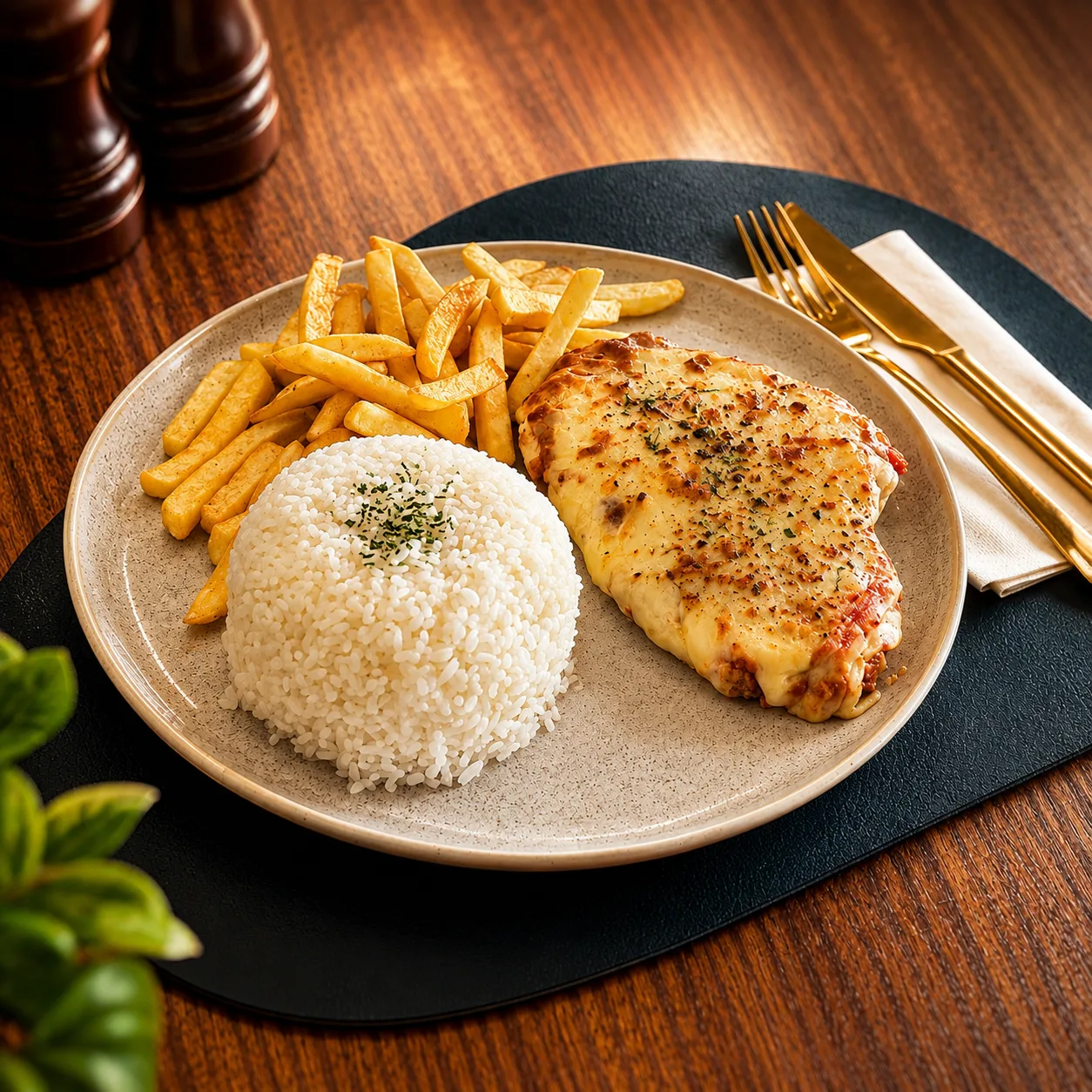 Filet à parmegiana com arroz e fritas, almoço no Jaguaribe, Campos do Jordão